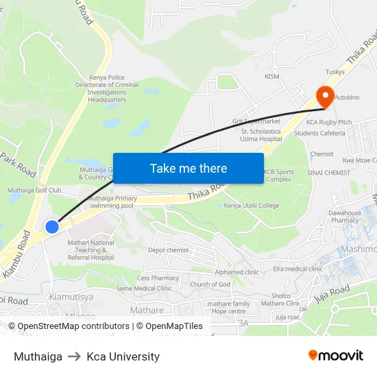Muthaiga to Kca University map