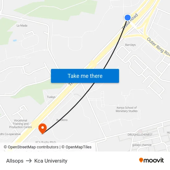 Allsops to Kca University map