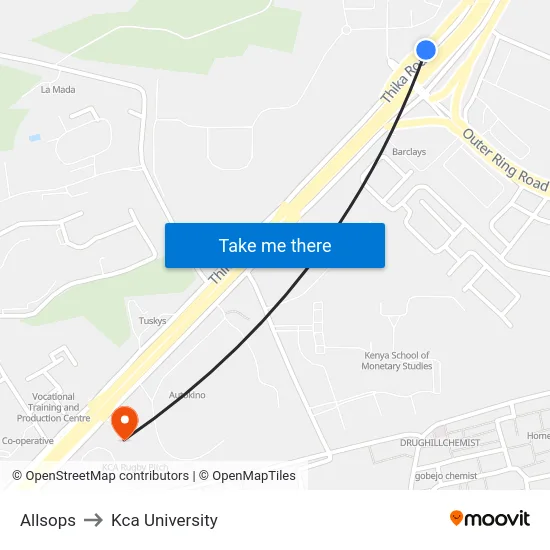 Allsops to Kca University map