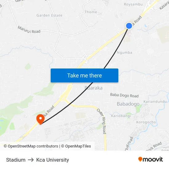 Stadium to Kca University map