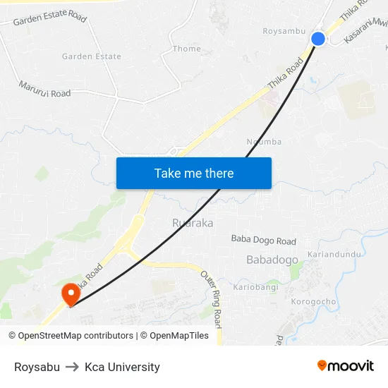 Roysabu to Kca University map