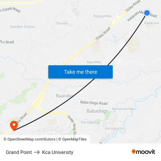 Grand Point to Kca University map