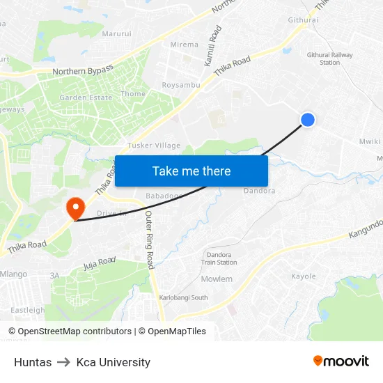Huntas to Kca University map