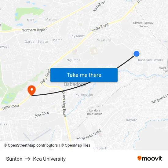Sunton to Kca University map
