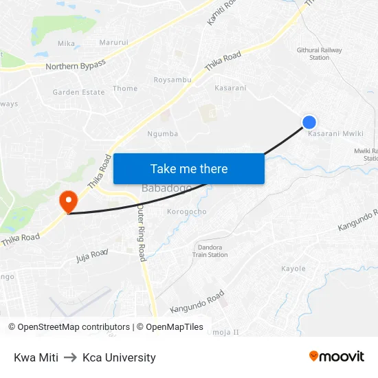 Kwa Miti to Kca University map