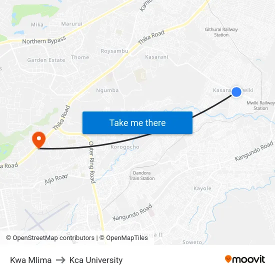 Kwa Mlima to Kca University map