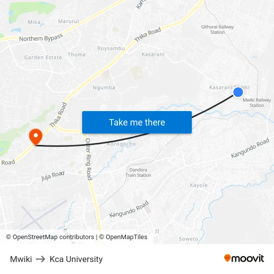 Mwiki to Kca University map