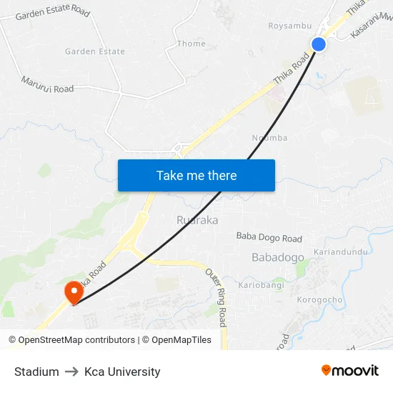 Stadium to Kca University map