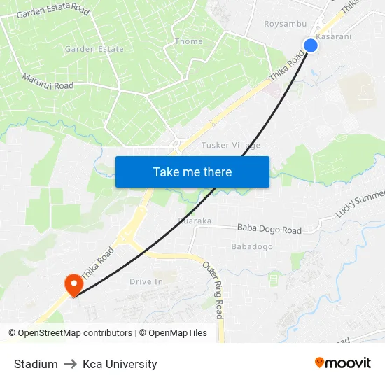 Stadium to Kca University map
