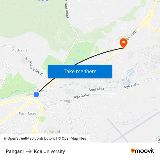 Pangani to Kca University map