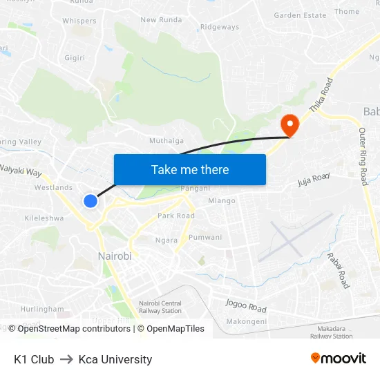 K1 Club to Kca University map