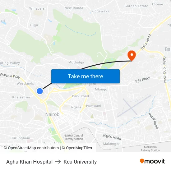 Agha Khan Hospital to Kca University map