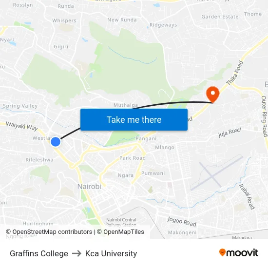 Graffins College to Kca University map