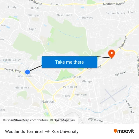 Westlands Terminal to Kca University map