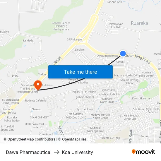 Dawa Pharmacutical to Kca University map