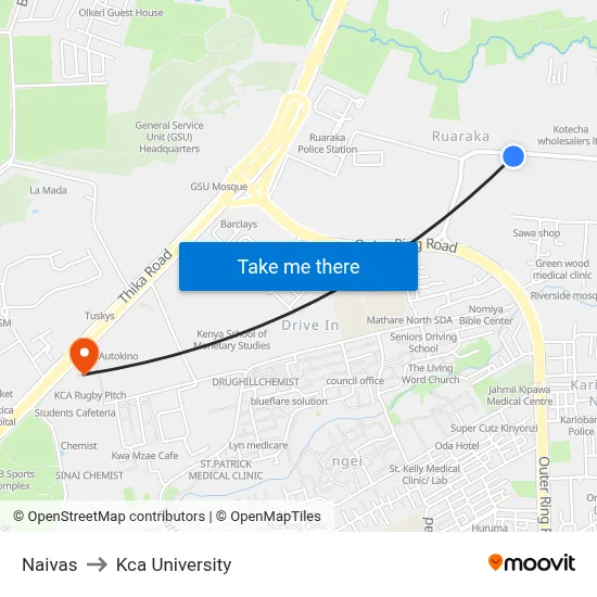 Naivas to Kca University map