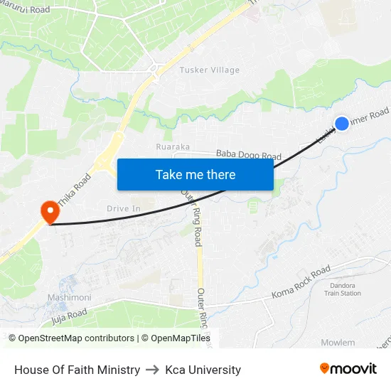 House Of Faith Ministry to Kca University map