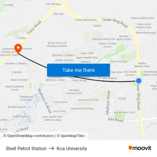 Shell Petrol Station to Kca University map