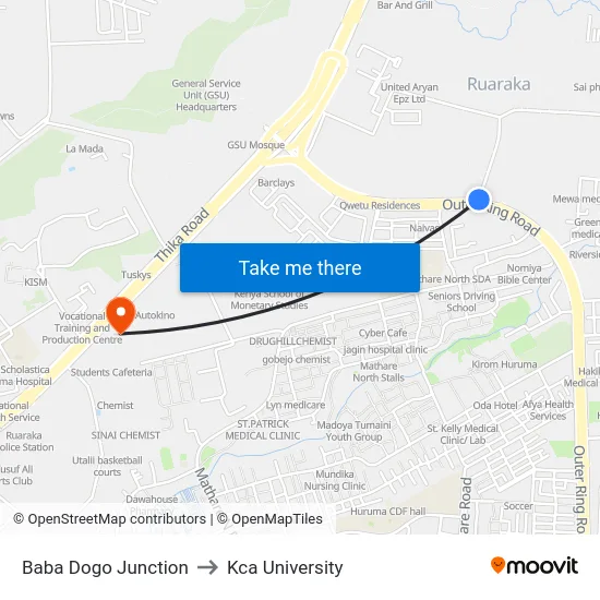 Baba Dogo Junction to Kca University map