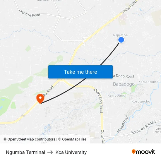 Ngumba Terminal to Kca University map