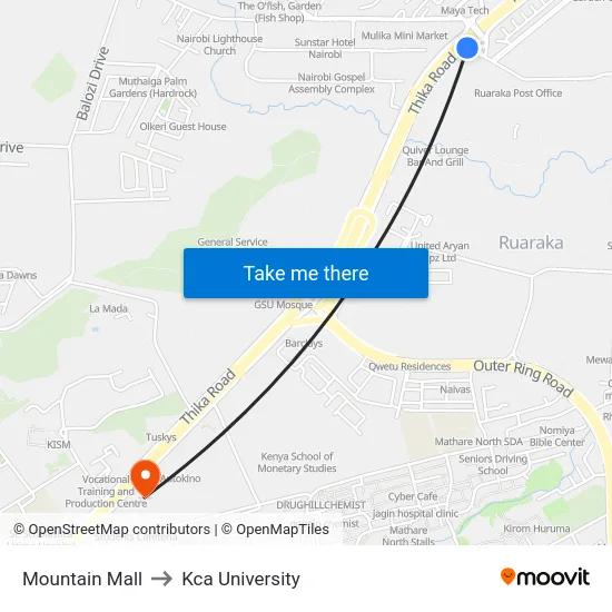 Mountain Mall to Kca University map