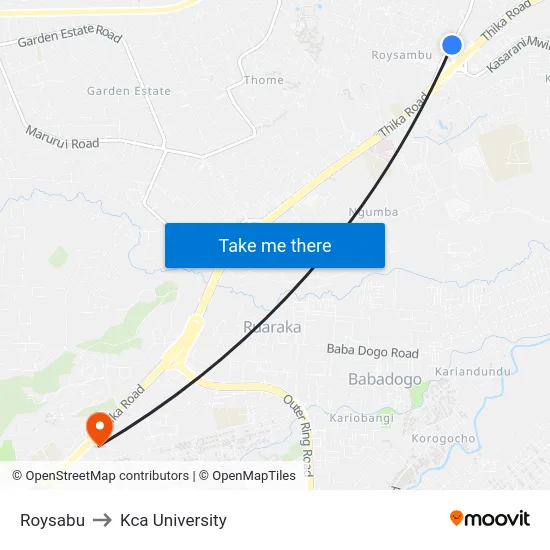 Roysabu to Kca University map
