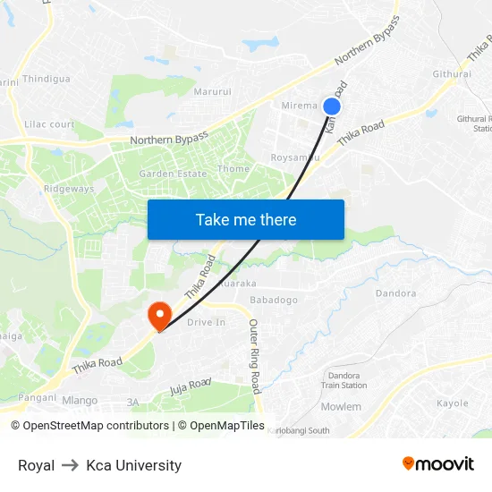 Royal to Kca University map