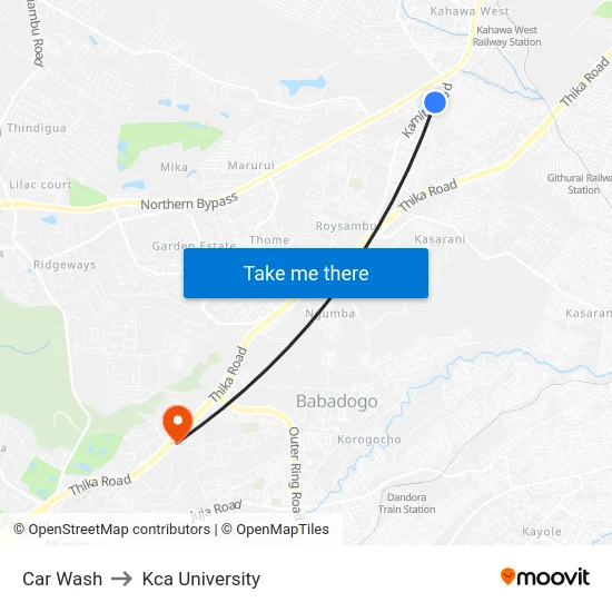 Car Wash to Kca University map