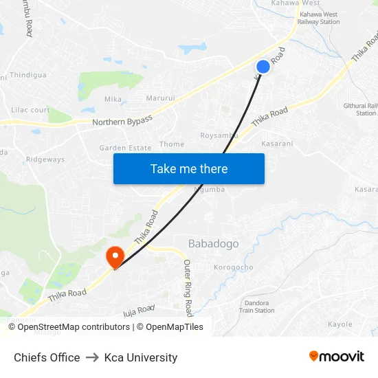 Chiefs Office to Kca University map