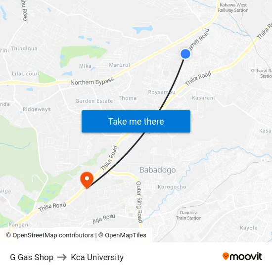 G Gas Shop to Kca University map