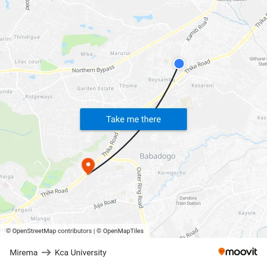 Mirema to Kca University map