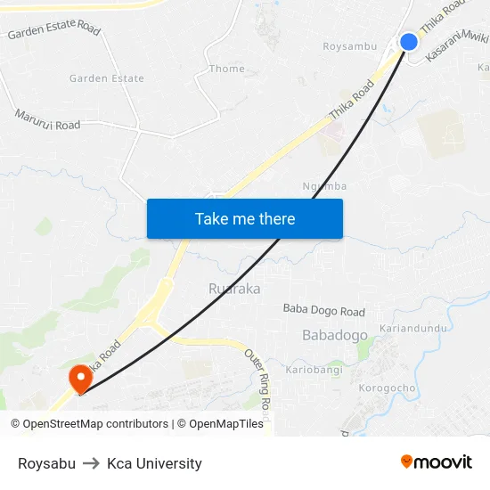 Roysabu to Kca University map