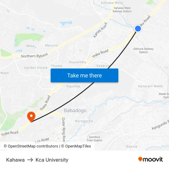 Kahawa to Kca University map