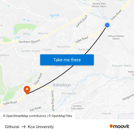 Githurai to Kca University map