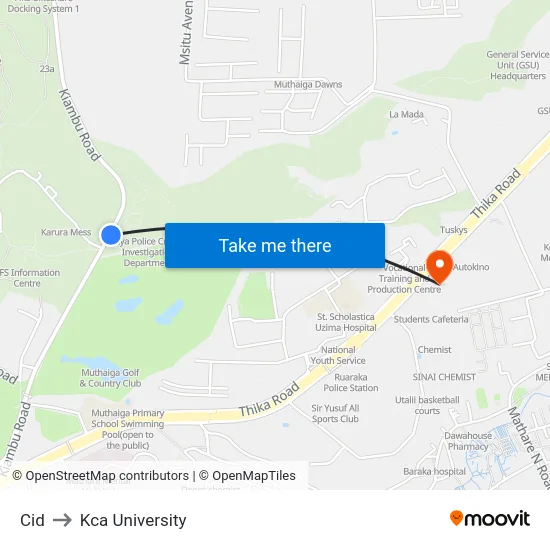 Cid to Kca University map