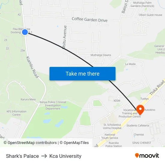 Shark's Palace to Kca University map