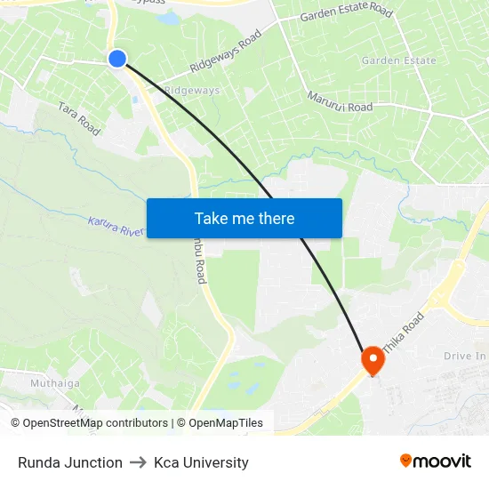 Runda Junction to Kca University map