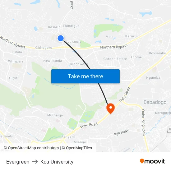 Evergreen to Kca University map