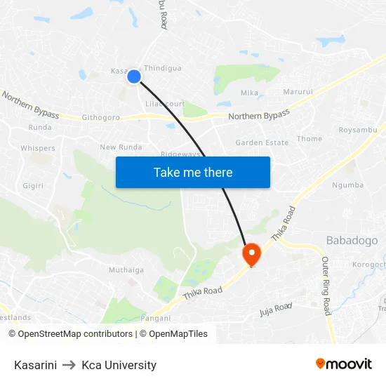 Kasarini to Kca University map