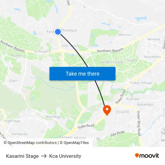 Kasarini Stage to Kca University map