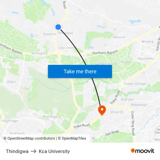 Thindigwa to Kca University map