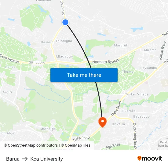 Barua to Kca University map
