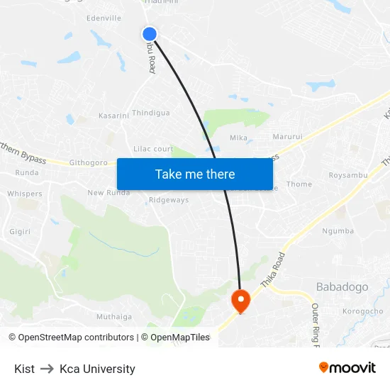 Kist to Kca University map