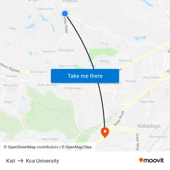 Kist to Kca University map