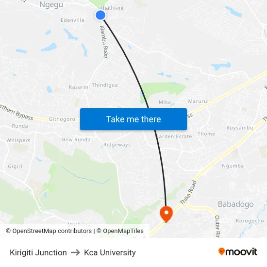 Kirigiti Junction to Kca University map
