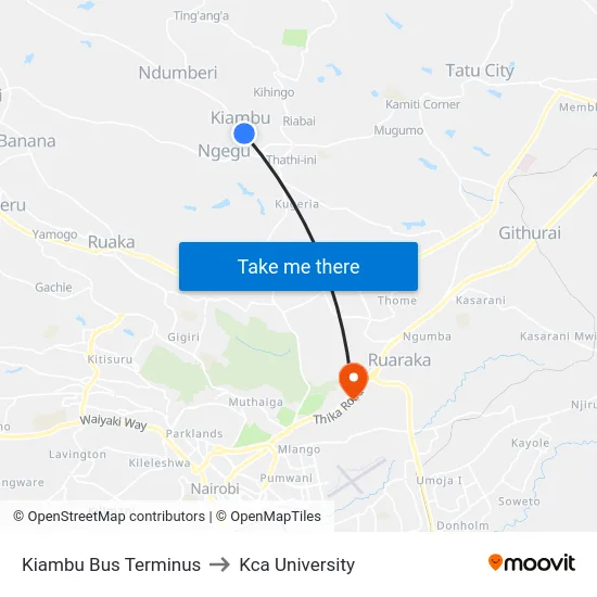 Kiambu Bus Terminus to Kca University map