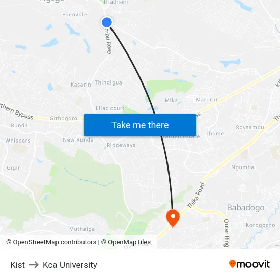 Kist to Kca University map