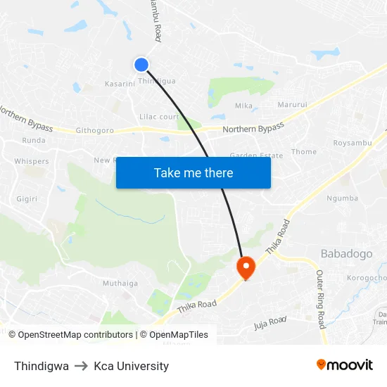 Thindigwa to Kca University map