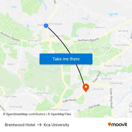 Brentwood Hotel to Kca University map