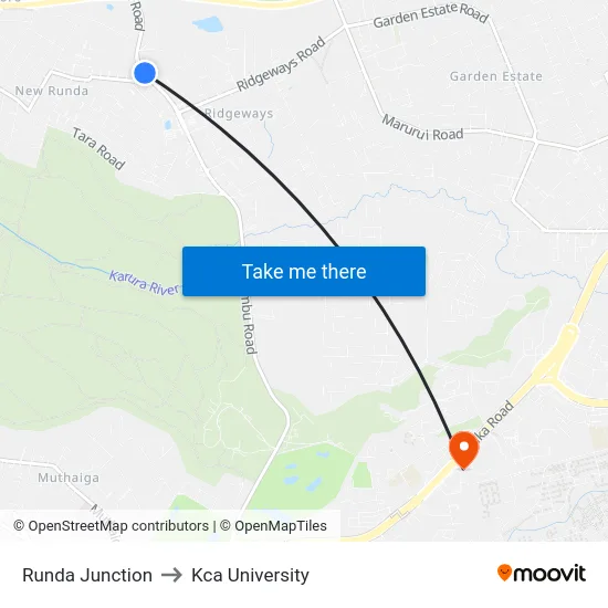 Runda Junction to Kca University map